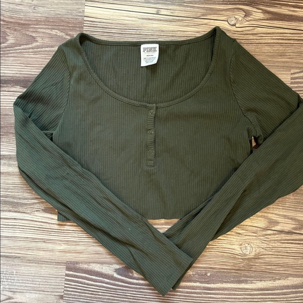 VS PINK Forest Green Cropped Lightweight Ripped Longsleeve